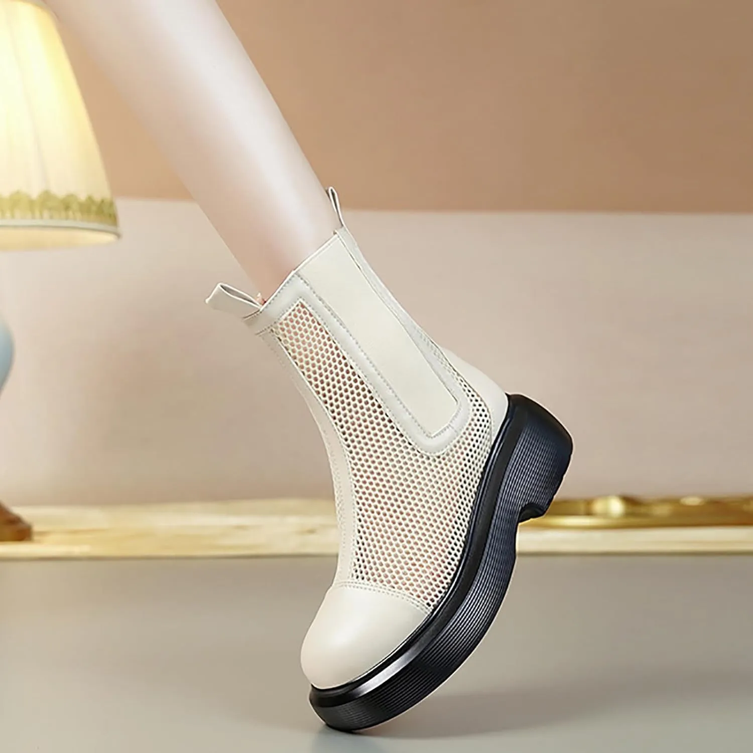 Women's Mesh Platform Chelsea Boots Summer Breathable Elastic Round Toe Side Zipper Ankle Booties Fashionable Mid Calf Sandals Boots