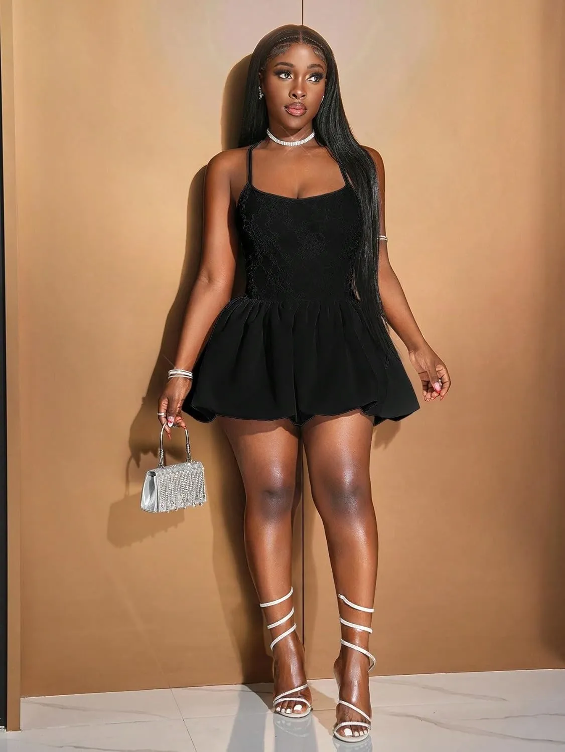 Women's Midi Dress Sexy Young Back Cross Strap Skirt Lace White Miniskirt Mini Dress-D
