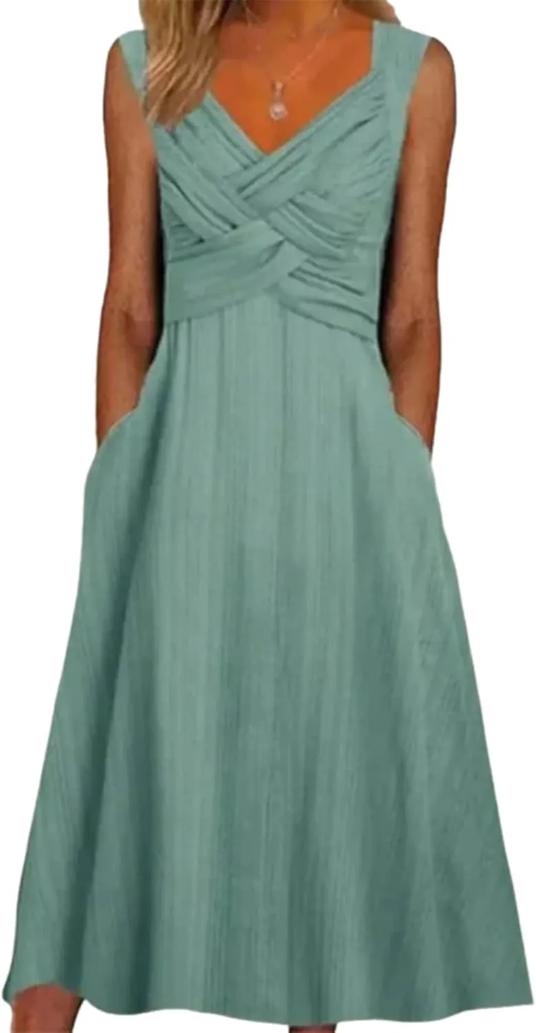 Womens Midi Dress V-Neck Sleeveless Side Pocket Green Plain Flowy Feminine 2025 Spring Summer Daily Party Dress