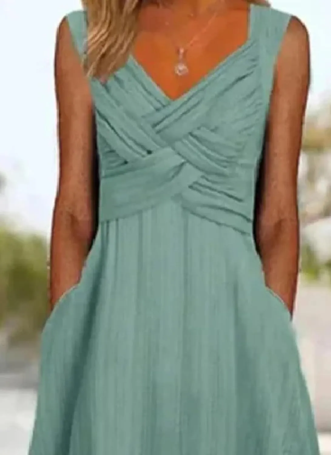Womens Midi Dress V-Neck Sleeveless Side Pocket Green Plain Flowy Feminine 2025 Spring Summer Daily Party Dress