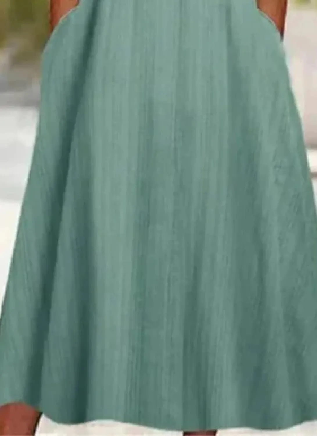 Womens Midi Dress V-Neck Sleeveless Side Pocket Green Plain Flowy Feminine 2025 Spring Summer Daily Party Dress