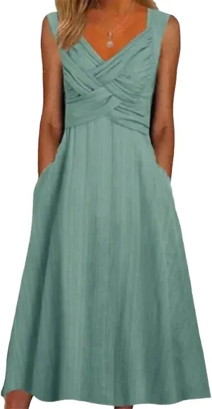 Womens Midi Dress V-Neck Sleeveless Side Pocket Green Plain Flowy Feminine 2025 Spring Summer Daily Party Dress