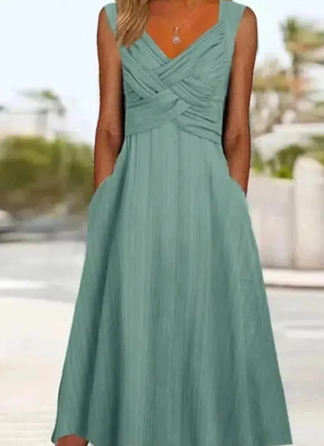 Womens Midi Dress V-Neck Sleeveless Side Pocket Green Plain Flowy Feminine 2025 Spring Summer Daily Party Dress