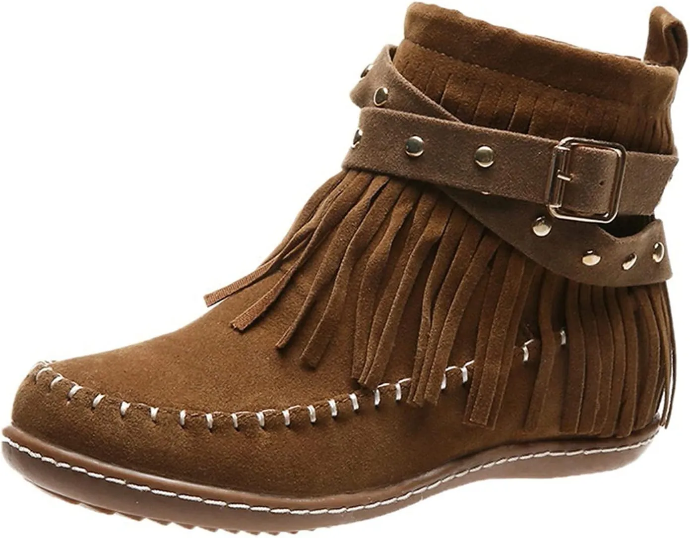 Womens Moccasins Fringe Ankle Boots Retro Suede Leather Tassel Studded Moccasins Shoes Non Slip Flat Heel Fall Winter Casual Fashion Booties with Zipper