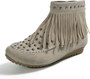 Womens Moccasins Fringe Ankle Boots Retro Suede Leather Tassel Studded Moccasins Shoes Non Slip Flat Heel Fall Winter Casual Fashion Booties with Zipper