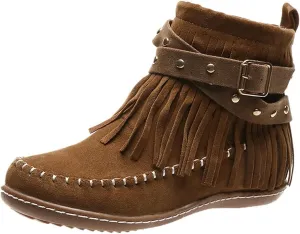 Womens Moccasins Fringe Ankle Boots Retro Suede Leather Tassel Studded Moccasins Shoes Non Slip Flat Heel Fall Winter Casual Fashion Booties with Zipper