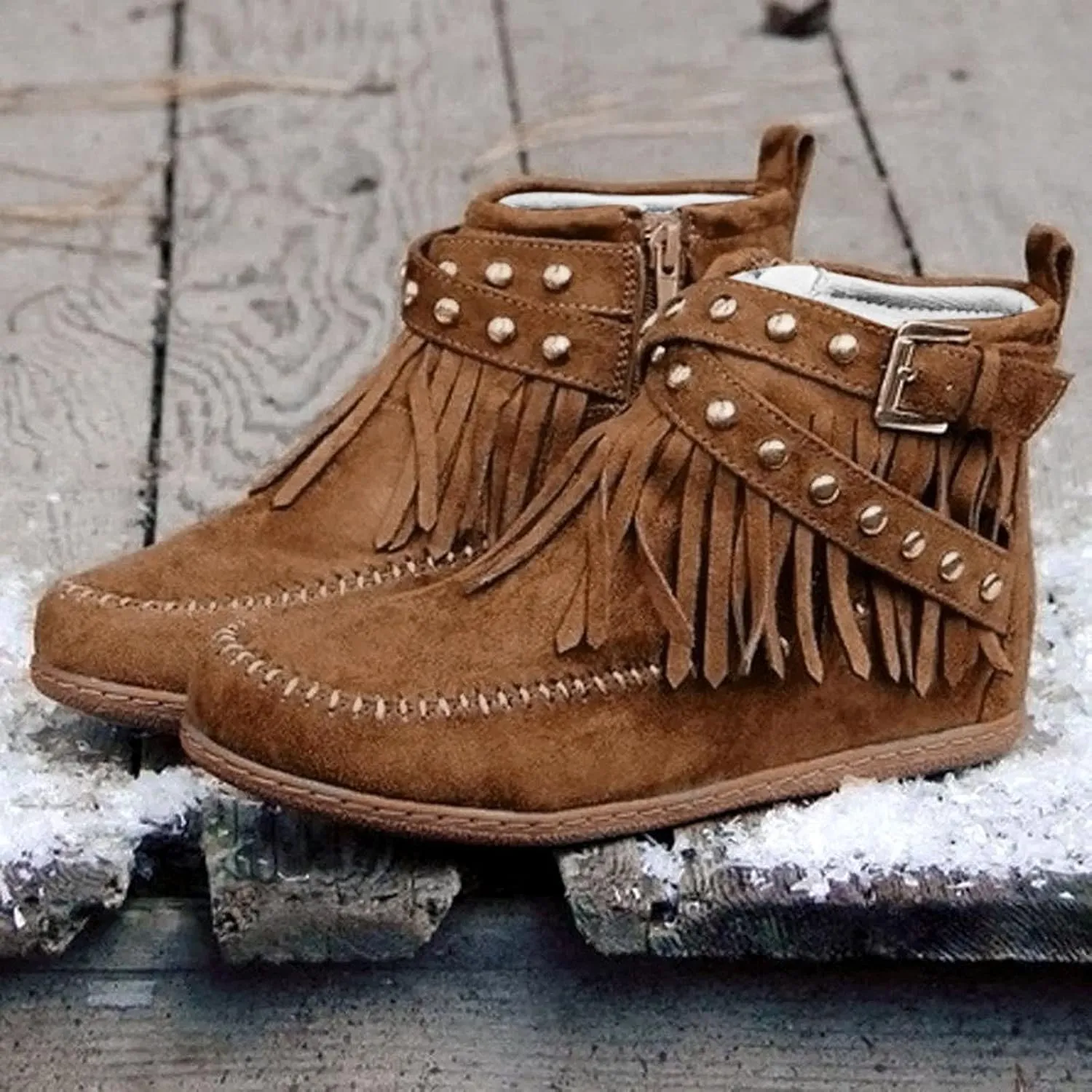 Womens Moccasins Fringe Ankle Boots Retro Suede Leather Tassel Studded Moccasins Shoes Non Slip Flat Heel Fall Winter Casual Fashion Booties with Zipper