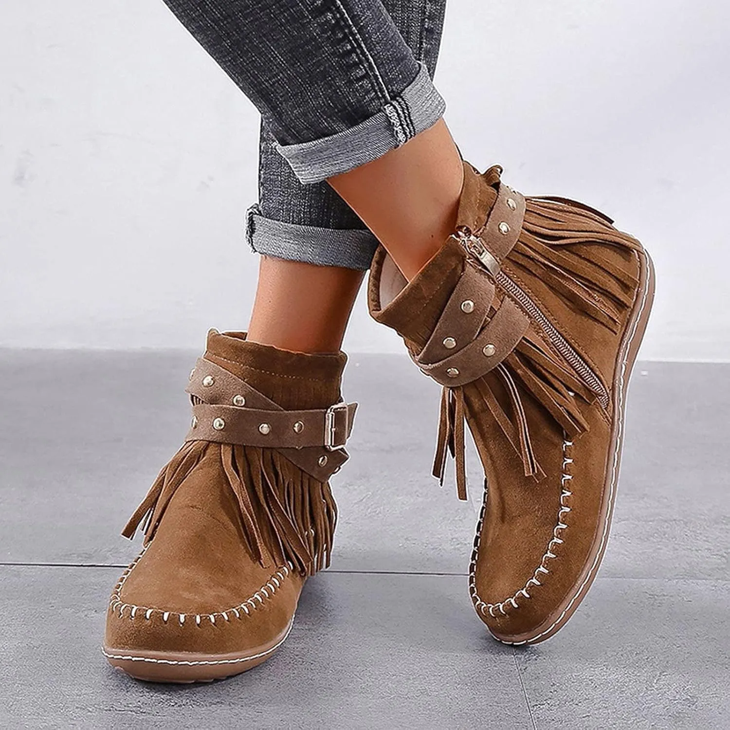 Womens Moccasins Fringe Ankle Boots Retro Suede Leather Tassel Studded Moccasins Shoes Non Slip Flat Heel Fall Winter Casual Fashion Booties with Zipper