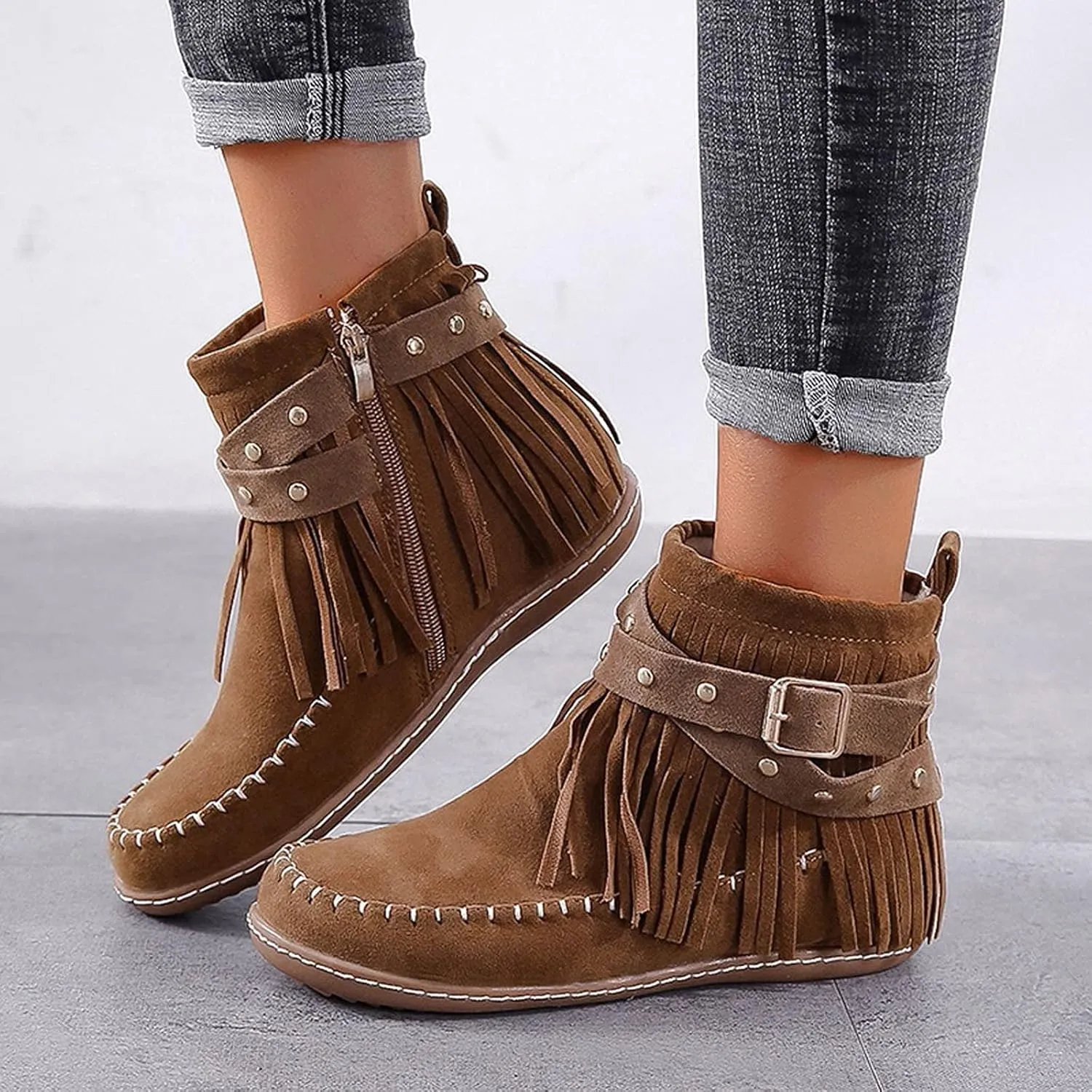 Womens Moccasins Fringe Ankle Boots Retro Suede Leather Tassel Studded Moccasins Shoes Non Slip Flat Heel Fall Winter Casual Fashion Booties with Zipper