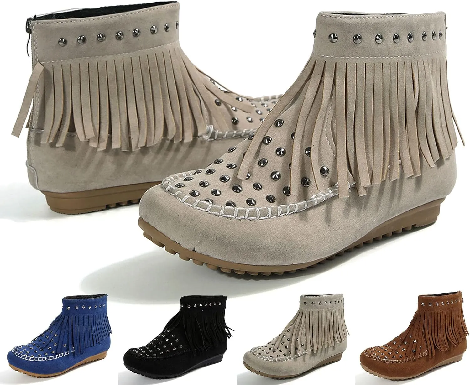 Womens Moccasins Fringe Ankle Boots Retro Suede Leather Tassel Studded Moccasins Shoes Non Slip Flat Heel Fall Winter Casual Fashion Booties with Zipper