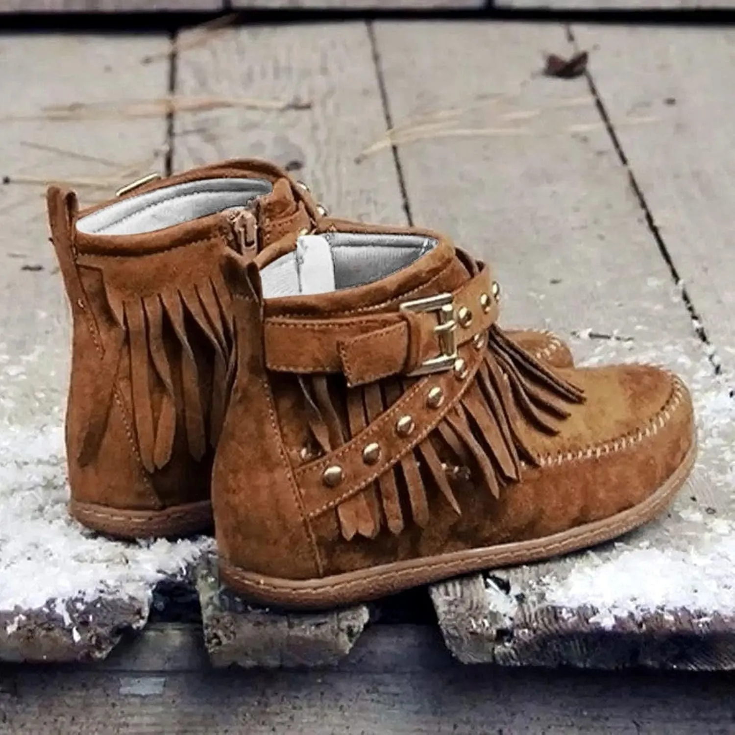 Womens Moccasins Fringe Ankle Boots Retro Suede Leather Tassel Studded Moccasins Shoes Non Slip Flat Heel Fall Winter Casual Fashion Booties with Zipper