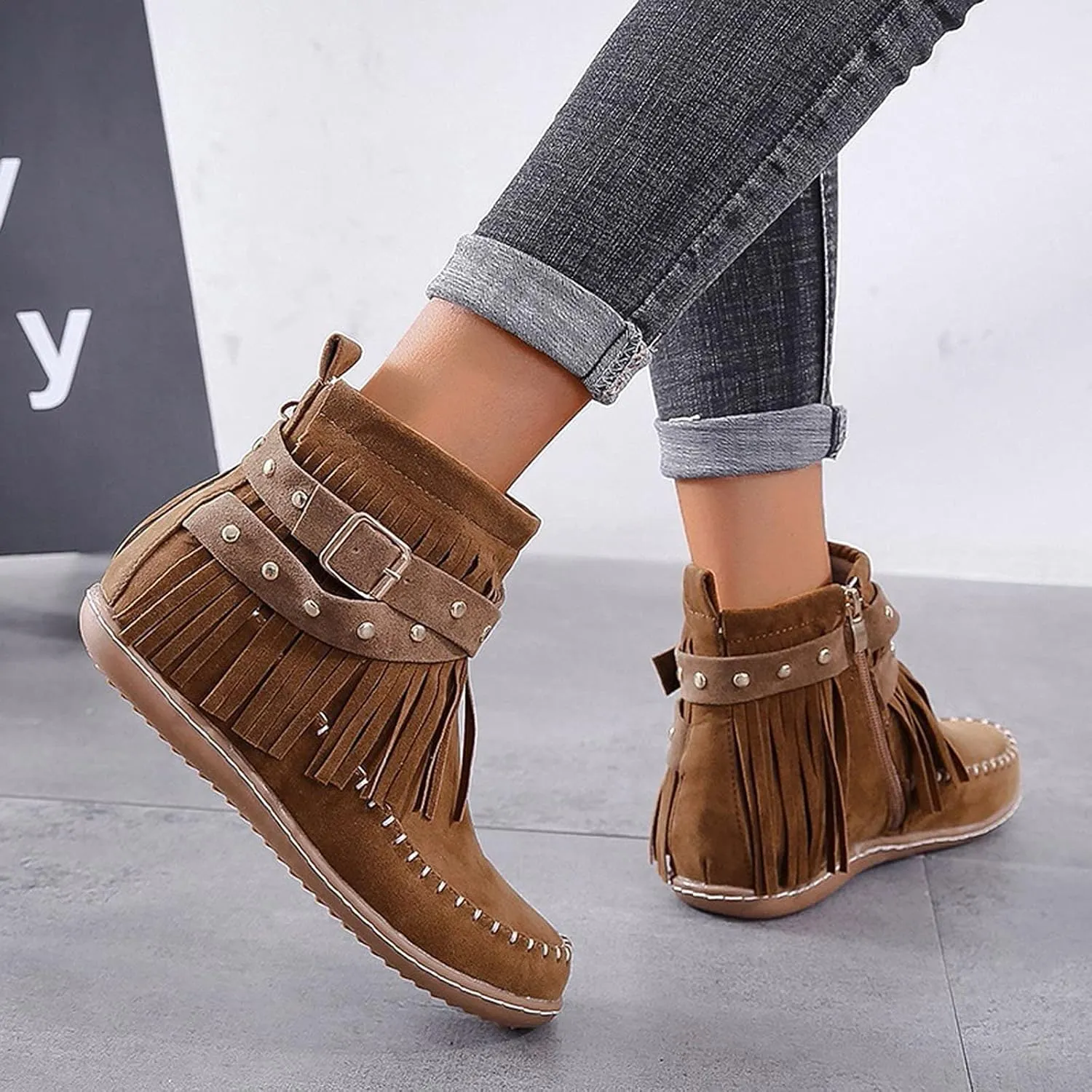 Womens Moccasins Fringe Ankle Boots Retro Suede Leather Tassel Studded Moccasins Shoes Non Slip Flat Heel Fall Winter Casual Fashion Booties with Zipper