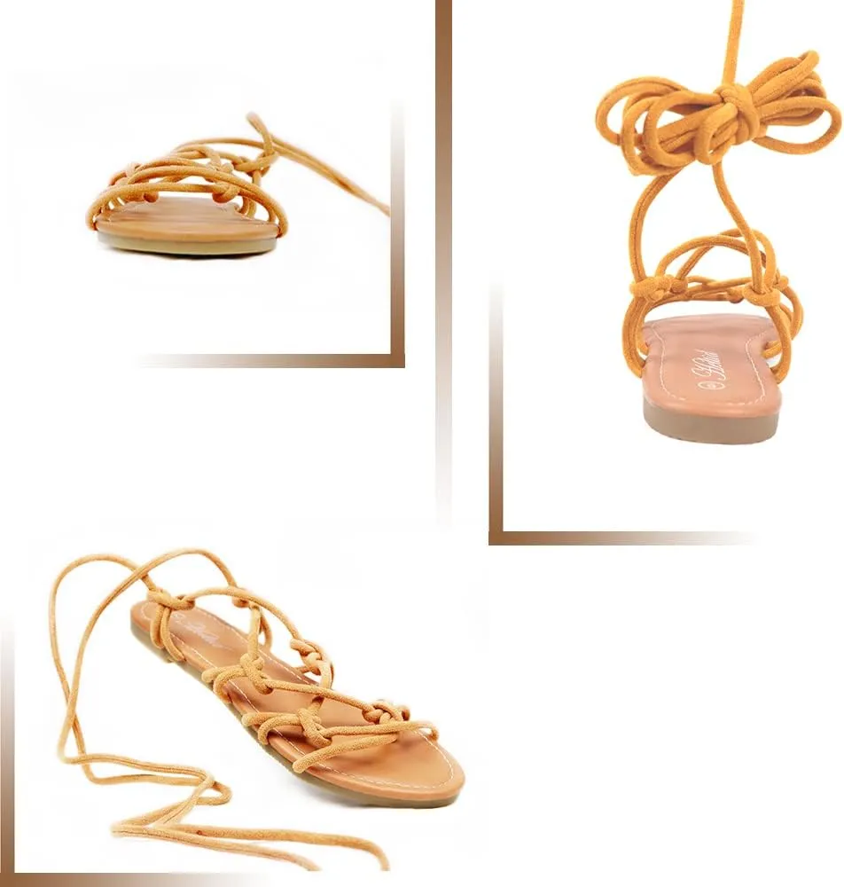 Women's Open Toe Lace Up Gladiator Flat Sandals，Slip on Roman Sandals