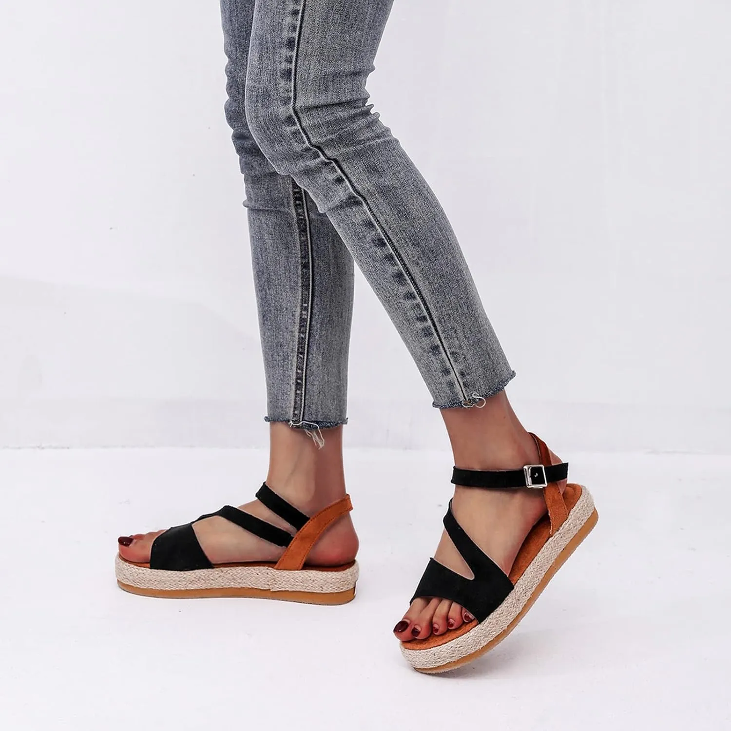 Womens Open Toe Platform Espadrille Wedge Sandals Ankle Strap Buckle High Heels Ladies Summer Casual Beach Shoes Comfortable Outdoor Walking Shoes,Black,US7/EU38
