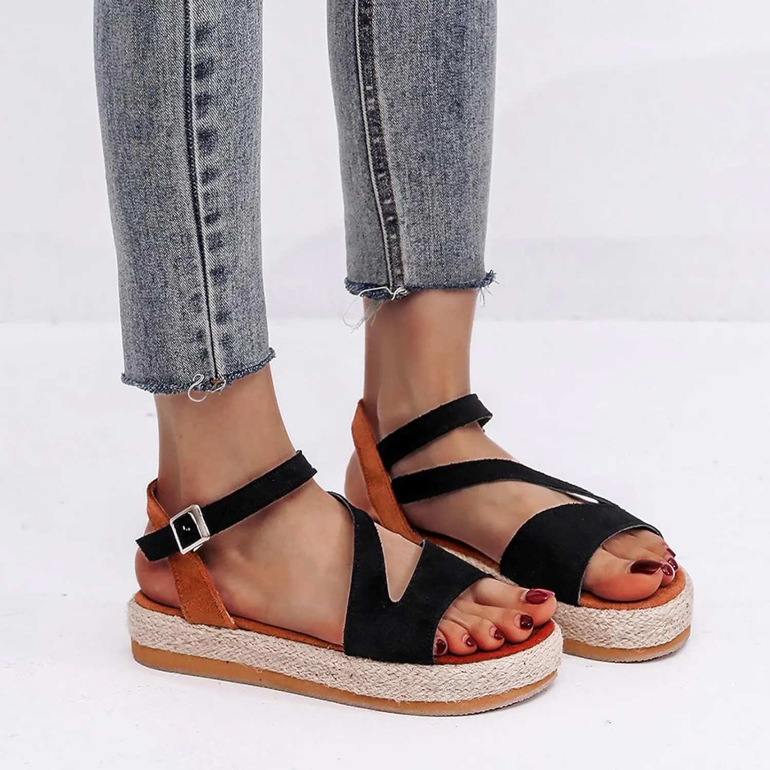 Womens Open Toe Platform Espadrille Wedge Sandals Ankle Strap Buckle High Heels Ladies Summer Casual Beach Shoes Comfortable Outdoor Walking Shoes,Black,US7/EU38