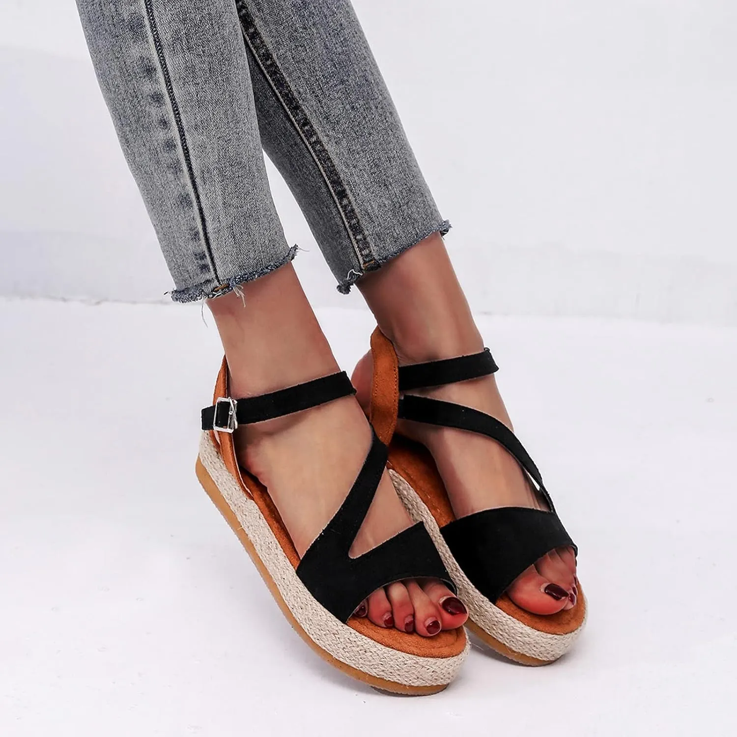Womens Open Toe Platform Espadrille Wedge Sandals Ankle Strap Buckle High Heels Ladies Summer Casual Beach Shoes Comfortable Outdoor Walking Shoes,Black,US7/EU38