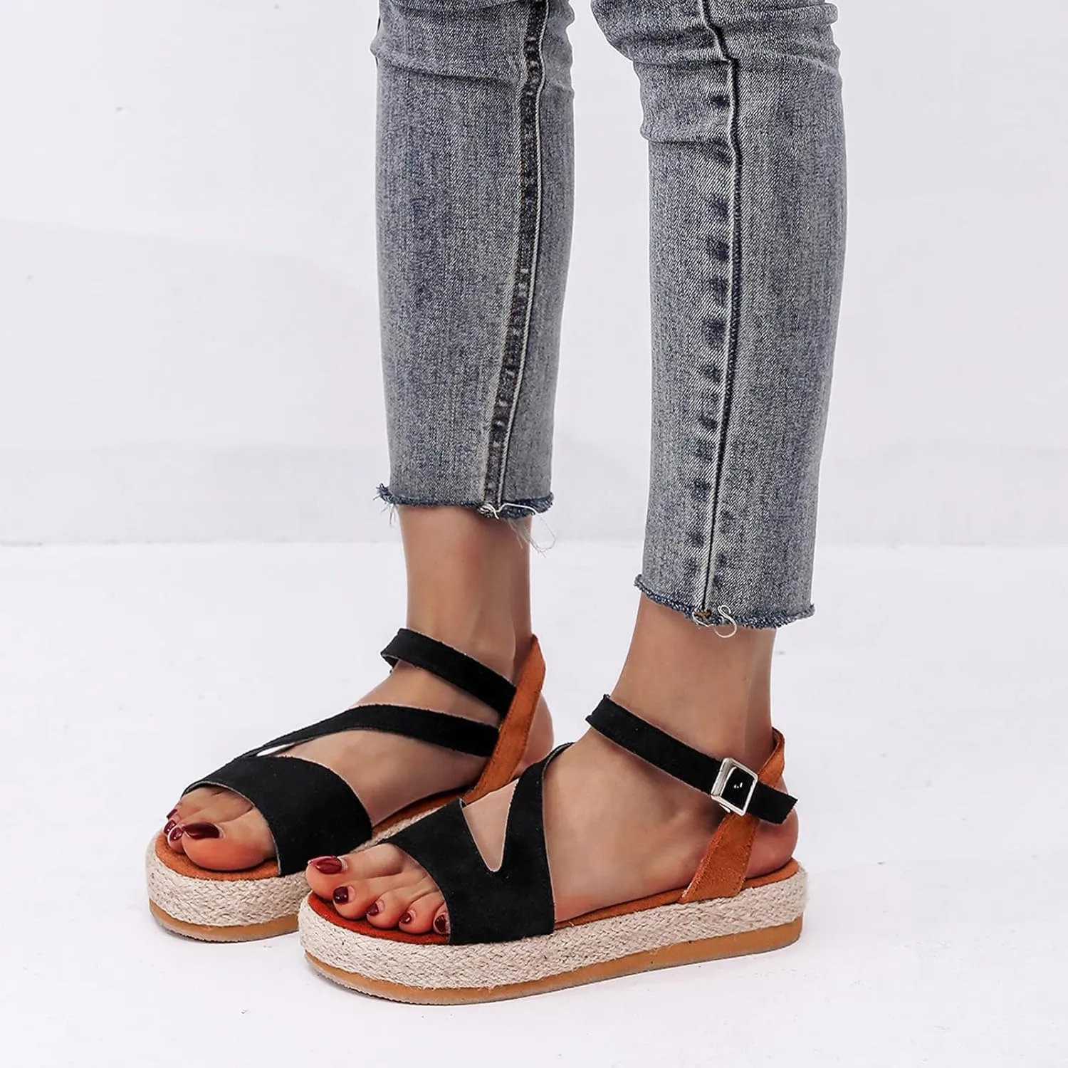 Womens Open Toe Platform Espadrille Wedge Sandals Ankle Strap Buckle High Heels Ladies Summer Casual Beach Shoes Comfortable Outdoor Walking Shoes,Black,US7/EU38