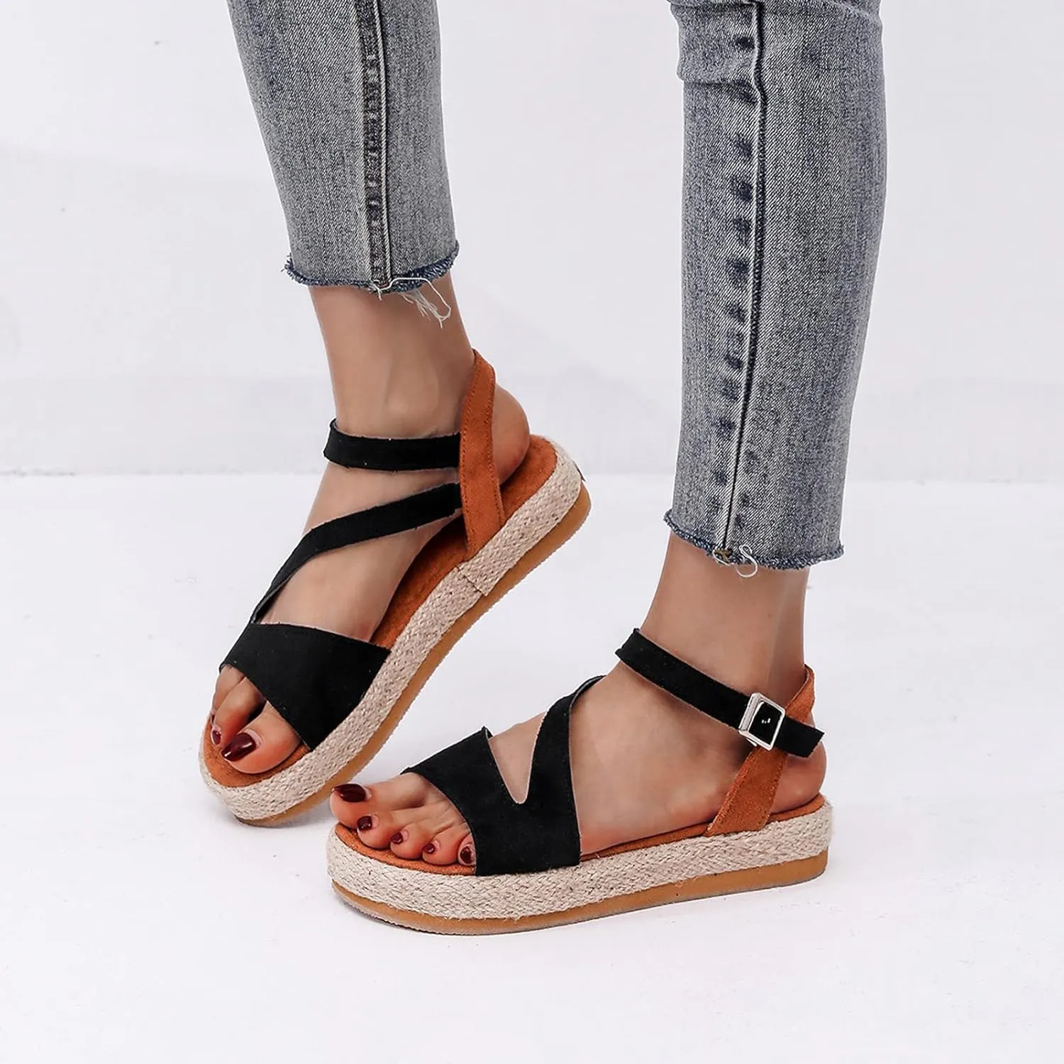 Womens Open Toe Platform Espadrille Wedge Sandals Ankle Strap Buckle High Heels Ladies Summer Casual Beach Shoes Comfortable Outdoor Walking Shoes,Black,US7/EU38
