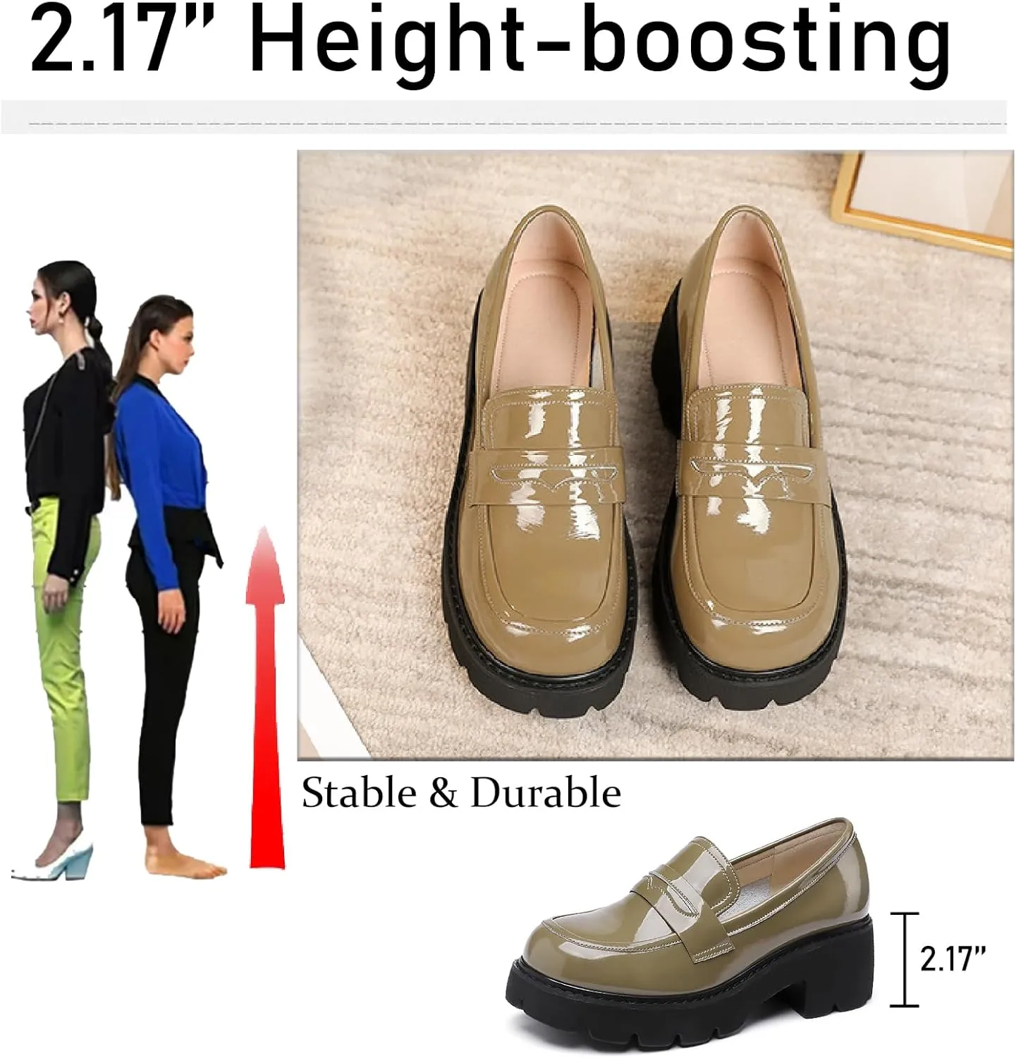 Women's Patent Leather Platform Chunky Heels Loafers Classic Round Toe Anti-Slip Lug Sole Comfortable Mid Heel Slip On Loafers for Casual Date Work Dess Shoes