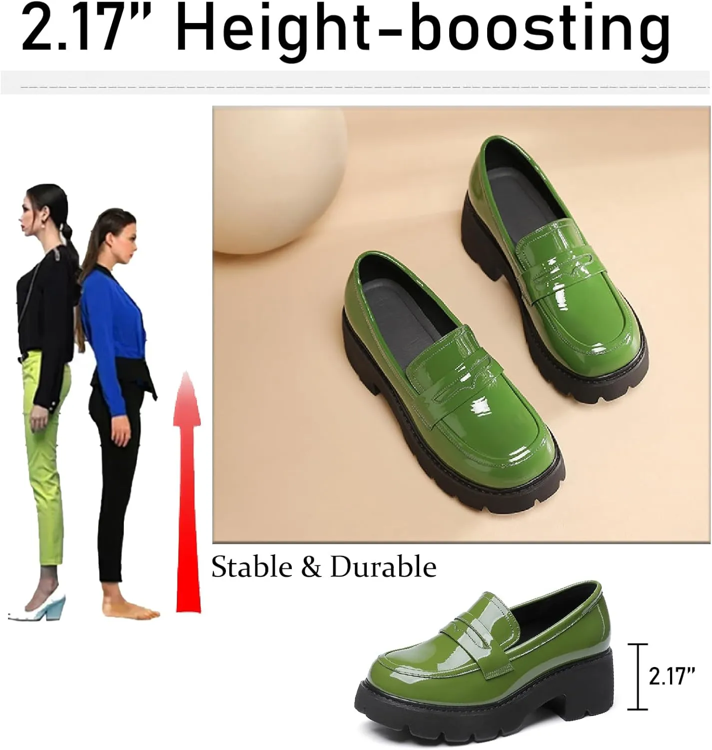Women's Patent Leather Platform Chunky Heels Loafers Classic Round Toe Anti-Slip Lug Sole Comfortable Mid Heel Slip On Loafers for Casual Date Work Dess Shoes