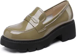 Women's Patent Leather Platform Chunky Heels Loafers Classic Round Toe Anti-Slip Lug Sole Comfortable Mid Heel Slip On Loafers for Casual Date Work Dess Shoes