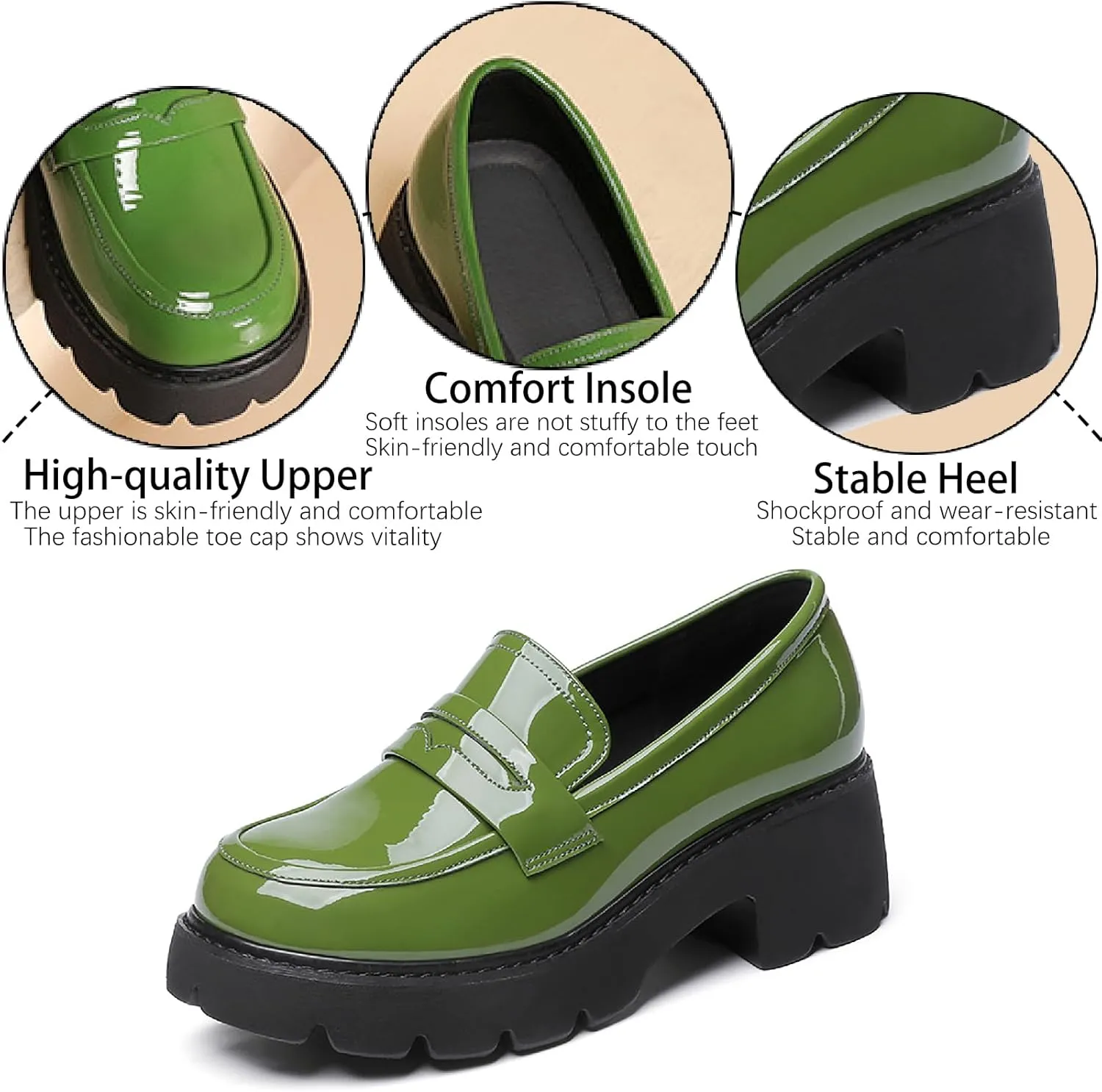 Women's Patent Leather Platform Chunky Heels Loafers Classic Round Toe Anti-Slip Lug Sole Comfortable Mid Heel Slip On Loafers for Casual Date Work Dess Shoes