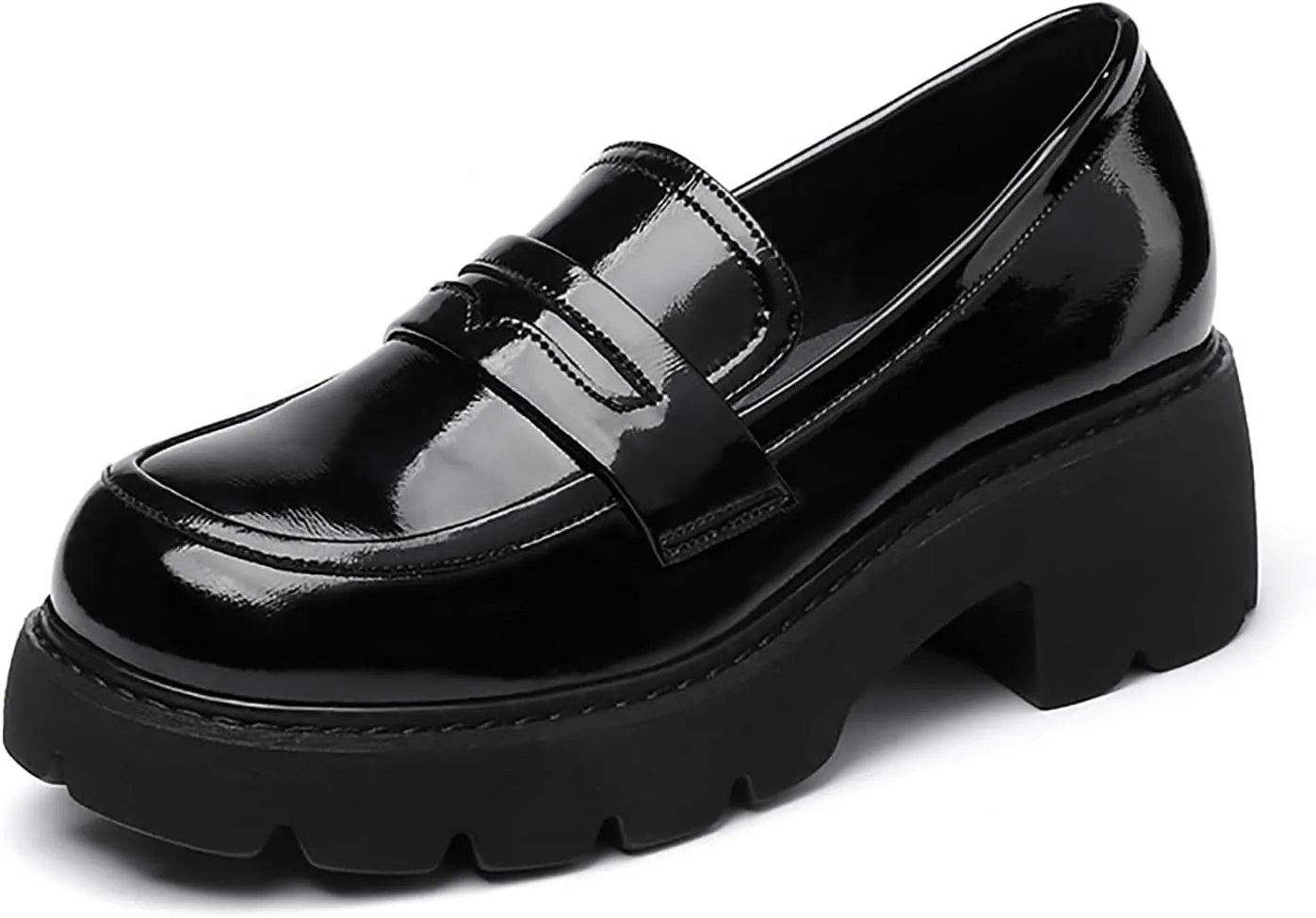 Women's Patent Leather Platform Chunky Heels Loafers Classic Round Toe Anti-Slip Lug Sole Comfortable Mid Heel Slip On Loafers for Casual Date Work Dess Shoes