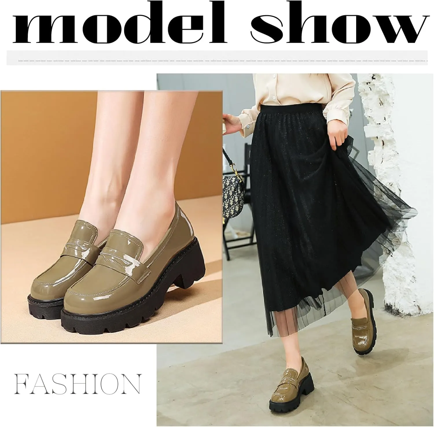 Women's Patent Leather Platform Chunky Heels Loafers Classic Round Toe Anti-Slip Lug Sole Comfortable Mid Heel Slip On Loafers for Casual Date Work Dess Shoes