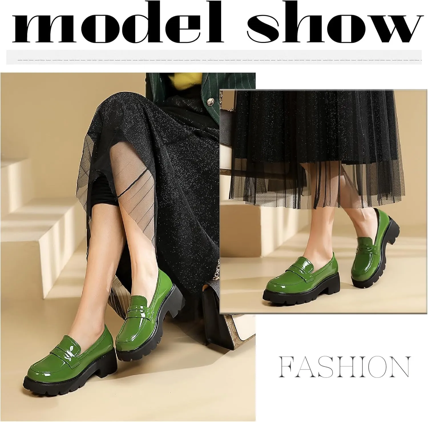 Women's Patent Leather Platform Chunky Heels Loafers Classic Round Toe Anti-Slip Lug Sole Comfortable Mid Heel Slip On Loafers for Casual Date Work Dess Shoes