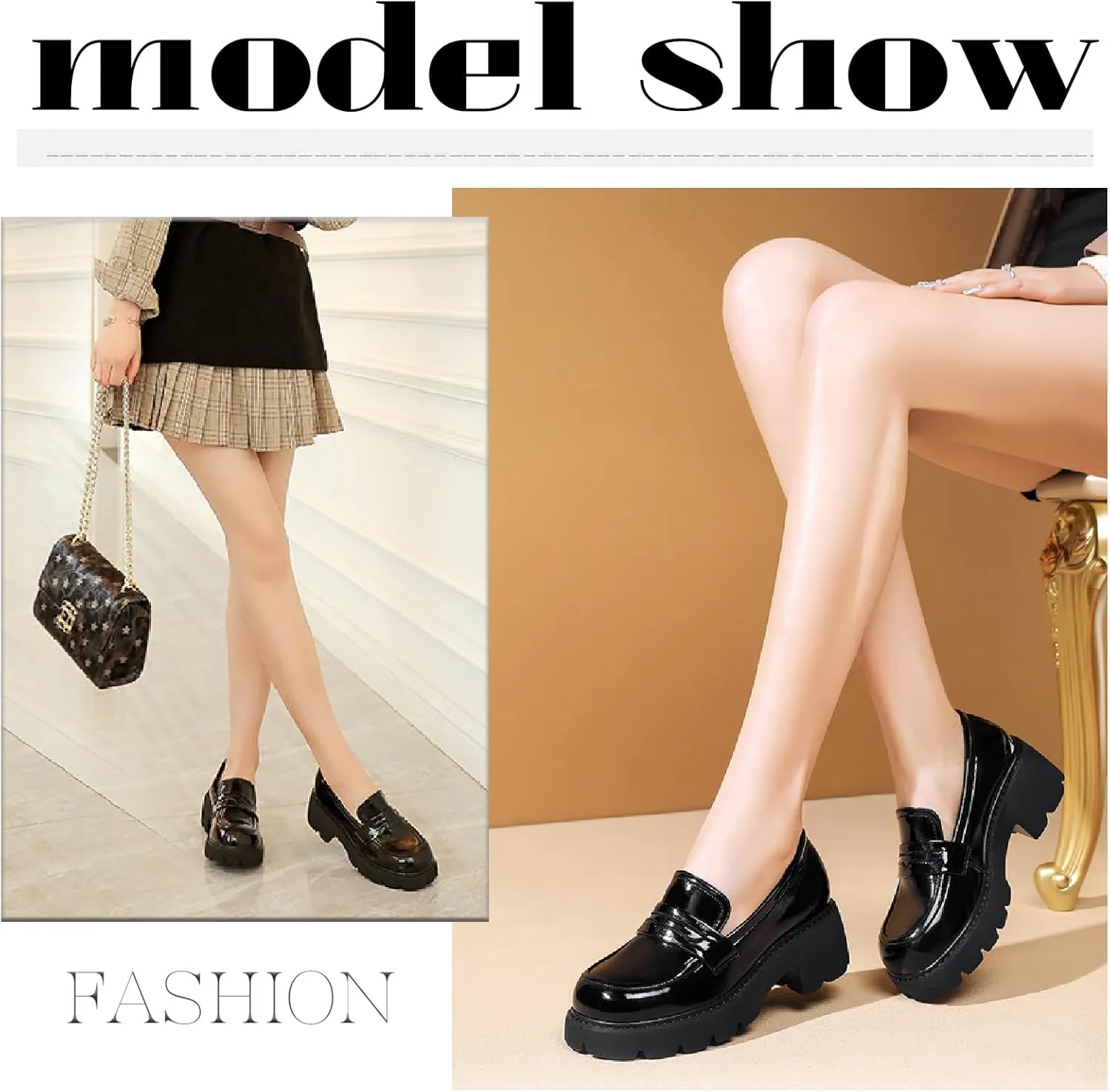 Women's Patent Leather Platform Chunky Heels Loafers Classic Round Toe Anti-Slip Lug Sole Comfortable Mid Heel Slip On Loafers for Casual Date Work Dess Shoes
