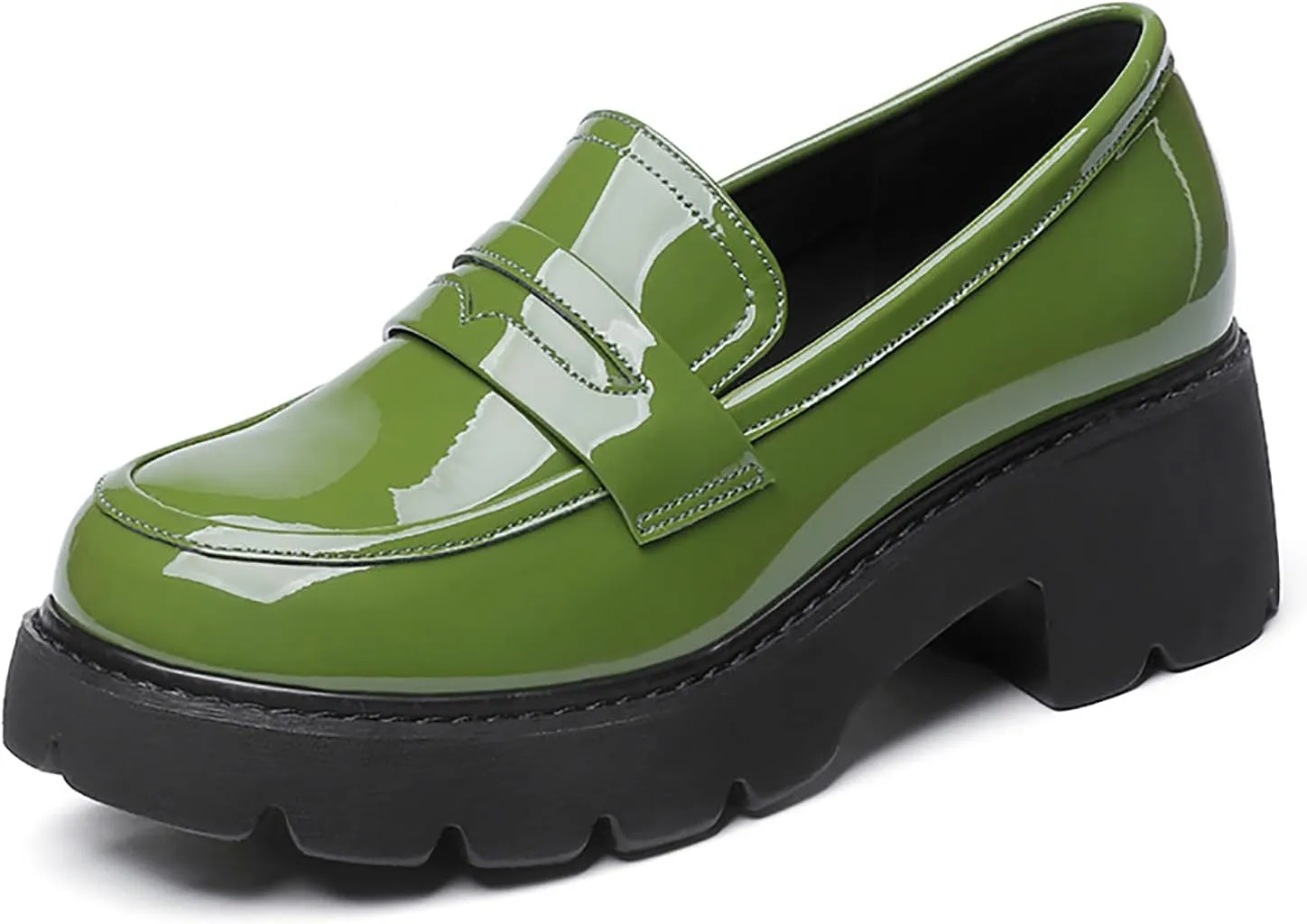 Women's Patent Leather Platform Chunky Heels Loafers Classic Round Toe Anti-Slip Lug Sole Comfortable Mid Heel Slip On Loafers for Casual Date Work Dess Shoes