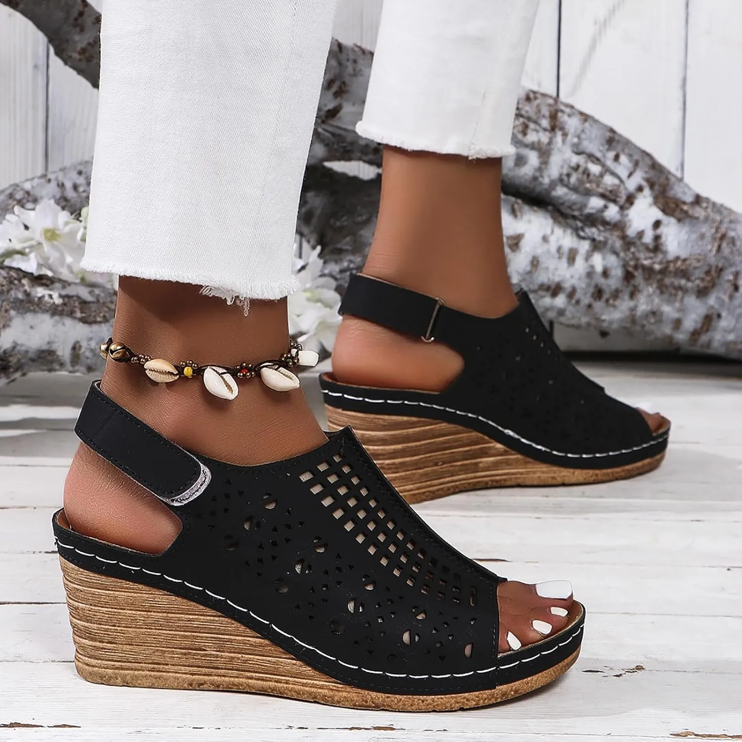 Women's Perforated Slingback Sandal High Heels Open Toe Ankle Strap Wedges Slip On Shoes