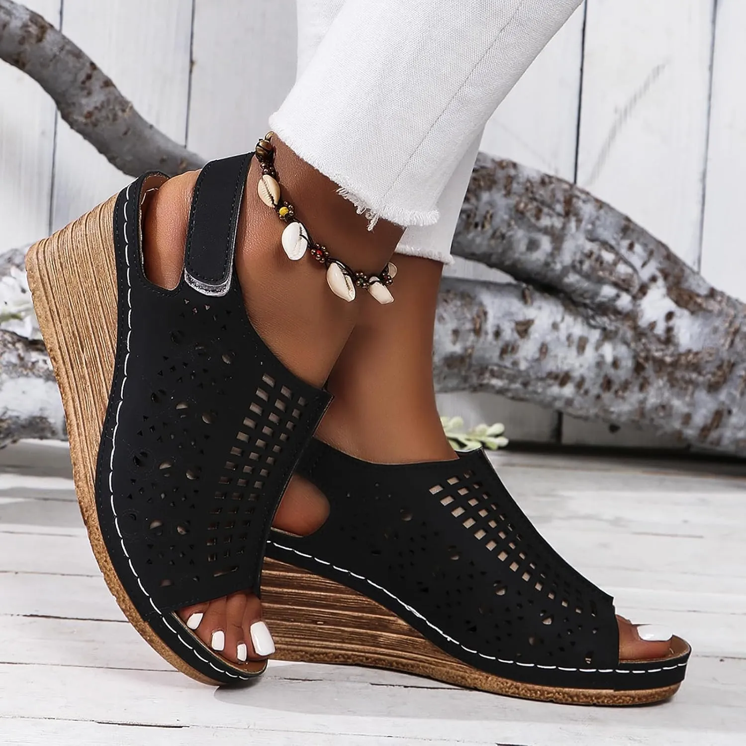 Women's Perforated Slingback Sandal High Heels Open Toe Ankle Strap Wedges Slip On Shoes