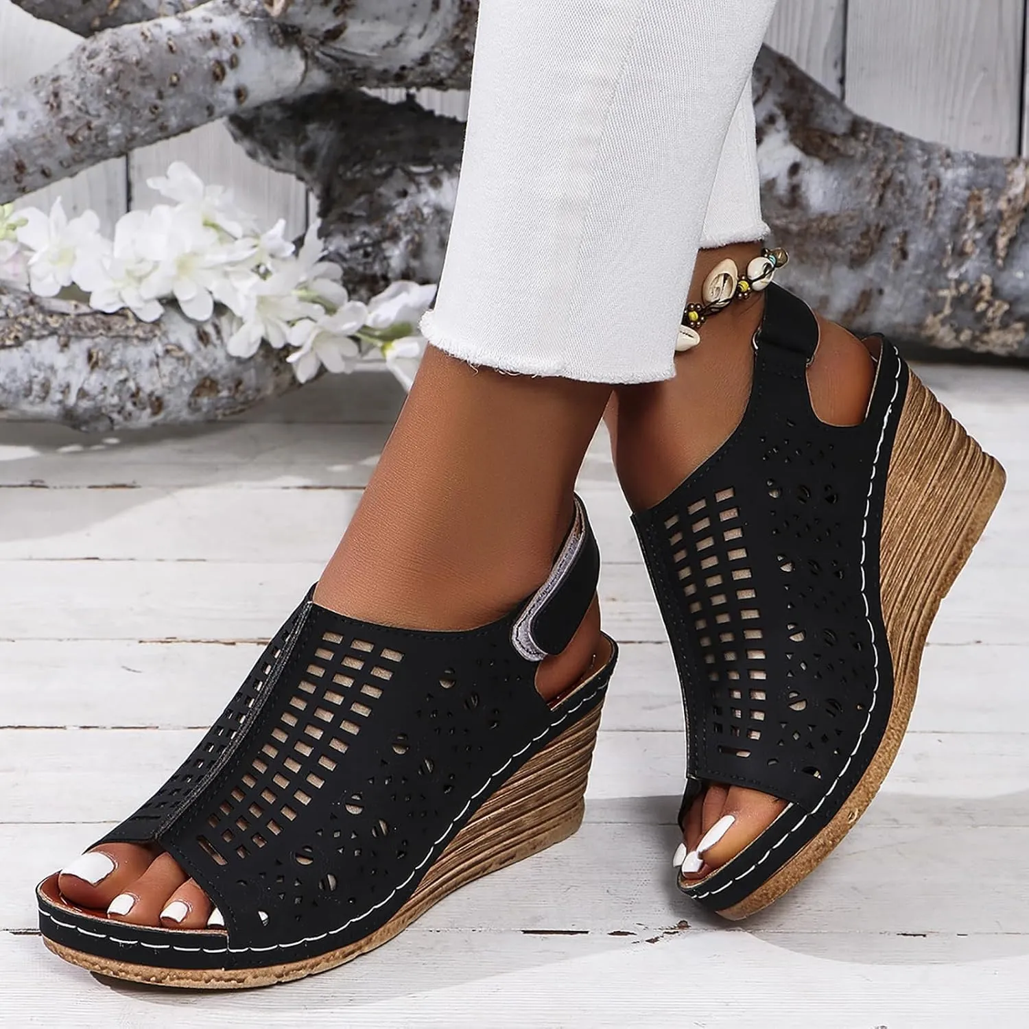 Women's Perforated Slingback Sandal High Heels Open Toe Ankle Strap Wedges Slip On Shoes