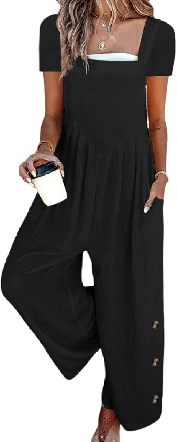 Women's Plain Wide Leg Jumpsuit 2025 Summer Casual Loose Fit Button Detail Overalls with Pockets