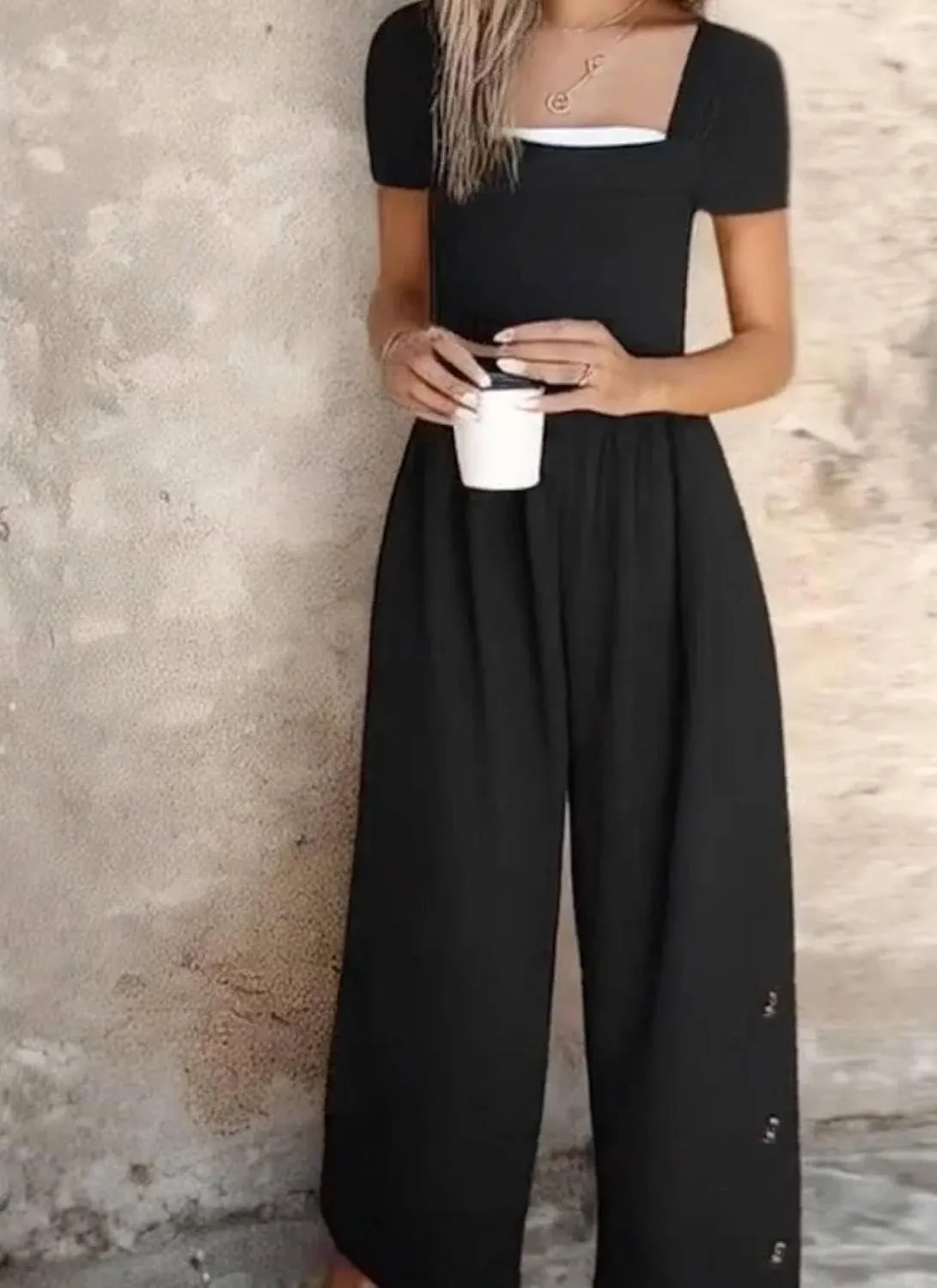 Women's Plain Wide Leg Jumpsuit 2025 Summer Casual Loose Fit Button Detail Overalls with Pockets