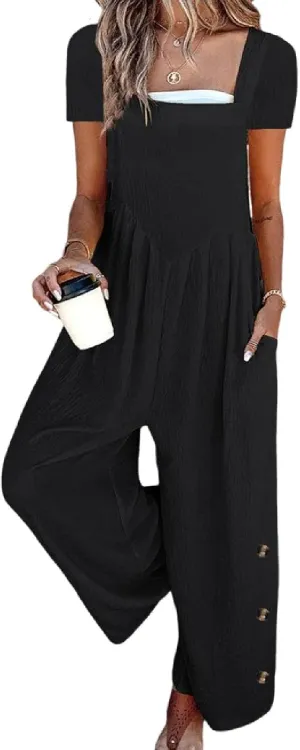 Women's Plain Wide Leg Jumpsuit 2025 Summer Casual Loose Fit Button Detail Overalls with Pockets
