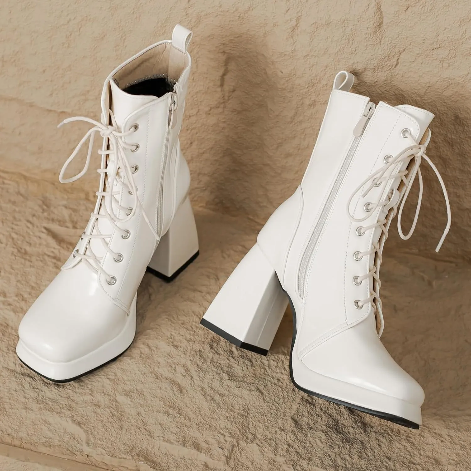 Women's Platform Combat Boots Chunky Heel Ankle Boots Zipper Booties