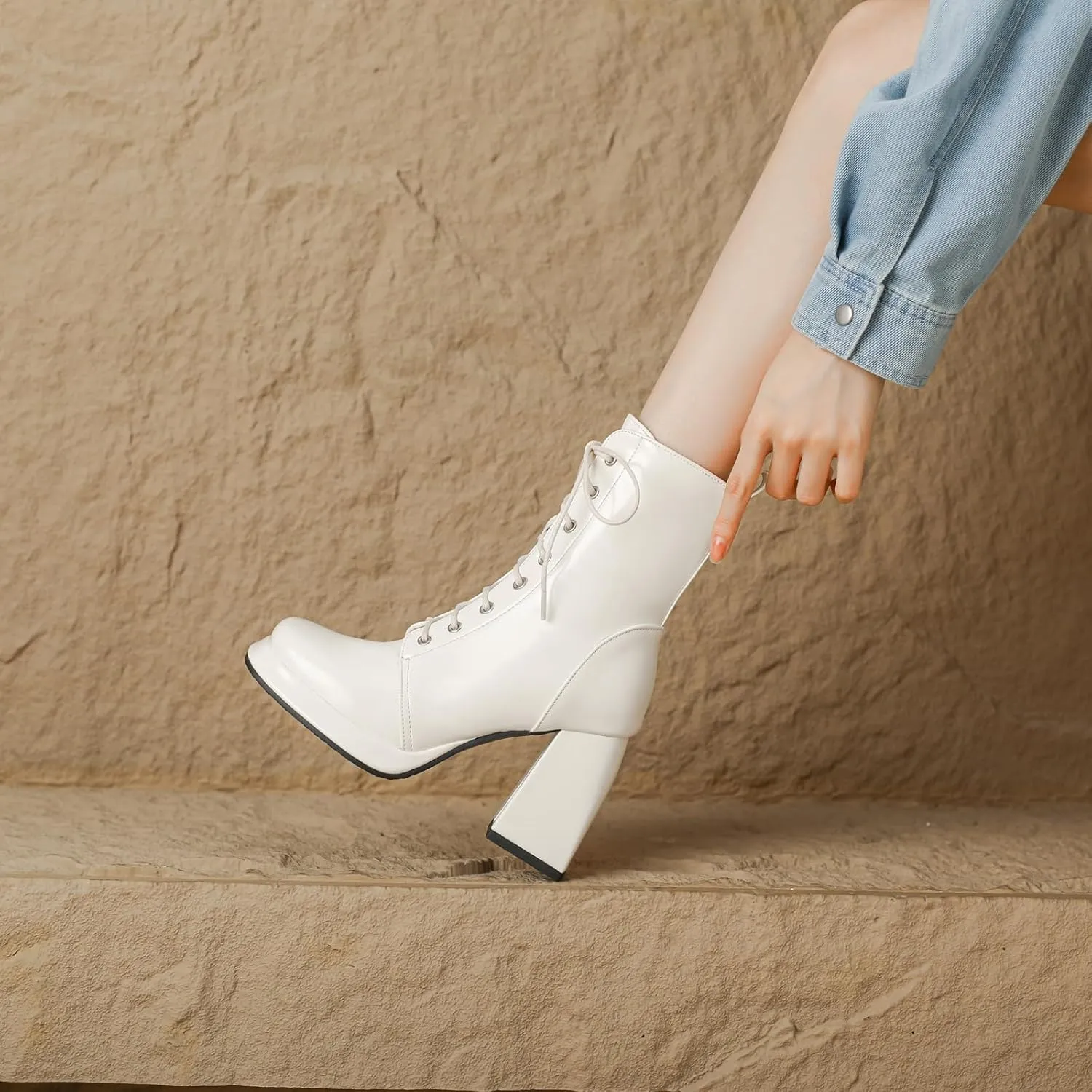 Women's Platform Combat Boots Chunky Heel Ankle Boots Zipper Booties