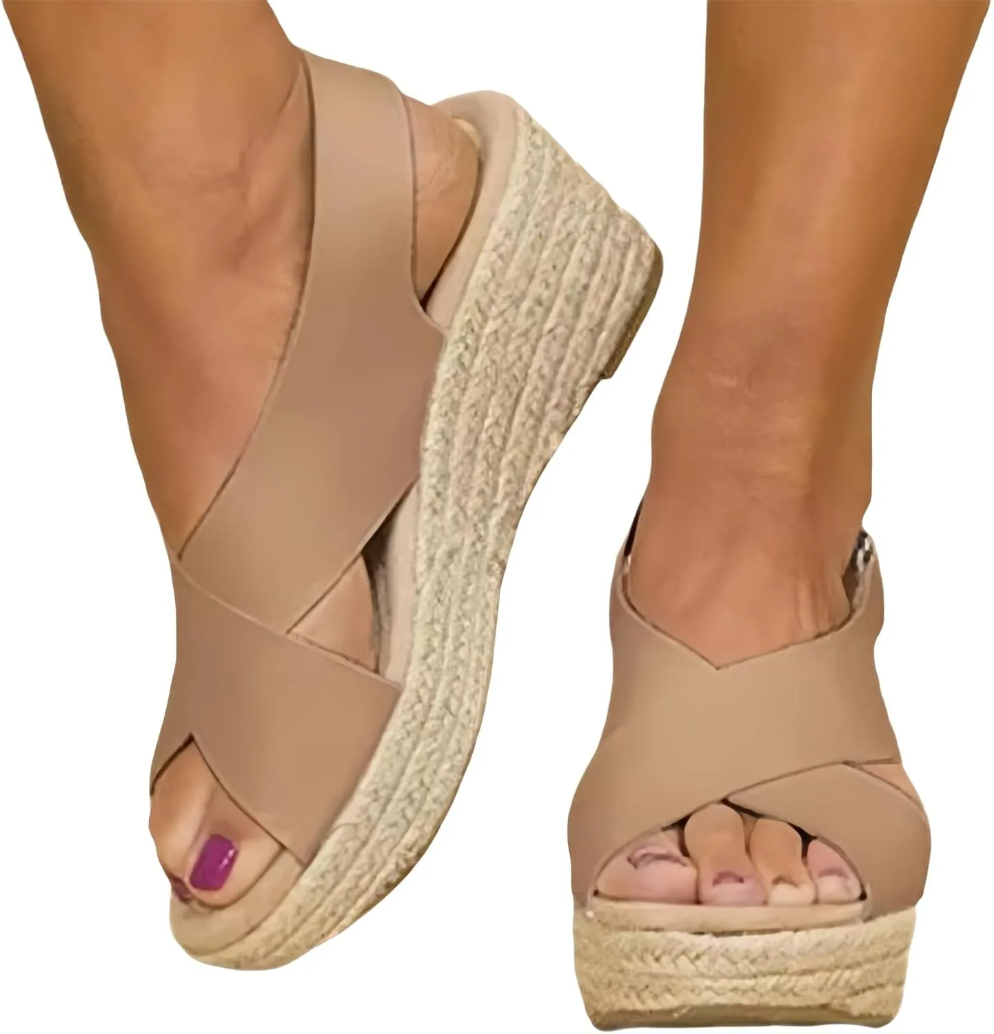 Women's Platform Espadilles Wedge Beach Sandals Summer Open Toe Ankle Strap Espadrille Low Slingback Criss Cross Espadrilles Elastic Crisscross Slip on Comfortable Casual Wedges Shoes