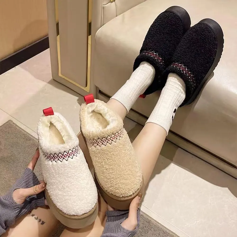 Women's Platform Mini Boots Slippers for Women Warm Fuzzy Slippers Fur Fleece Lined Slip on Suede Short Ankle Boots Outdoor Indoor Braid Slippers Anti Slip Trend