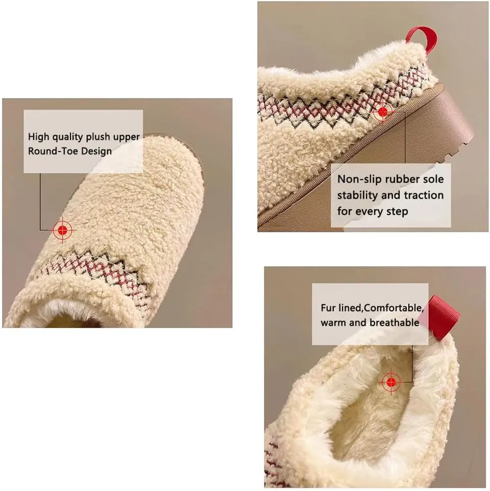 Women's Platform Mini Boots Slippers for Women Warm Fuzzy Slippers Fur Fleece Lined Slip on Suede Short Ankle Boots Outdoor Indoor Braid Slippers Anti Slip Trend