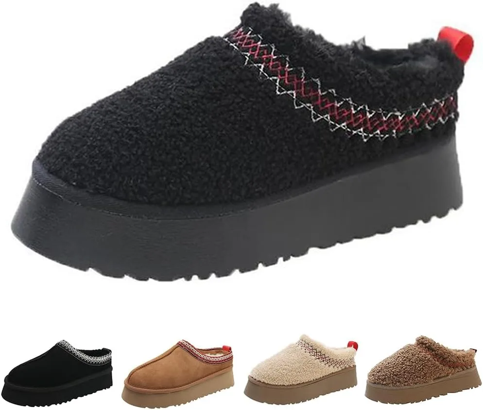 Women's Platform Mini Boots Slippers for Women Warm Fuzzy Slippers Fur Fleece Lined Slip on Suede Short Ankle Boots Outdoor Indoor Braid Slippers Anti Slip Trend