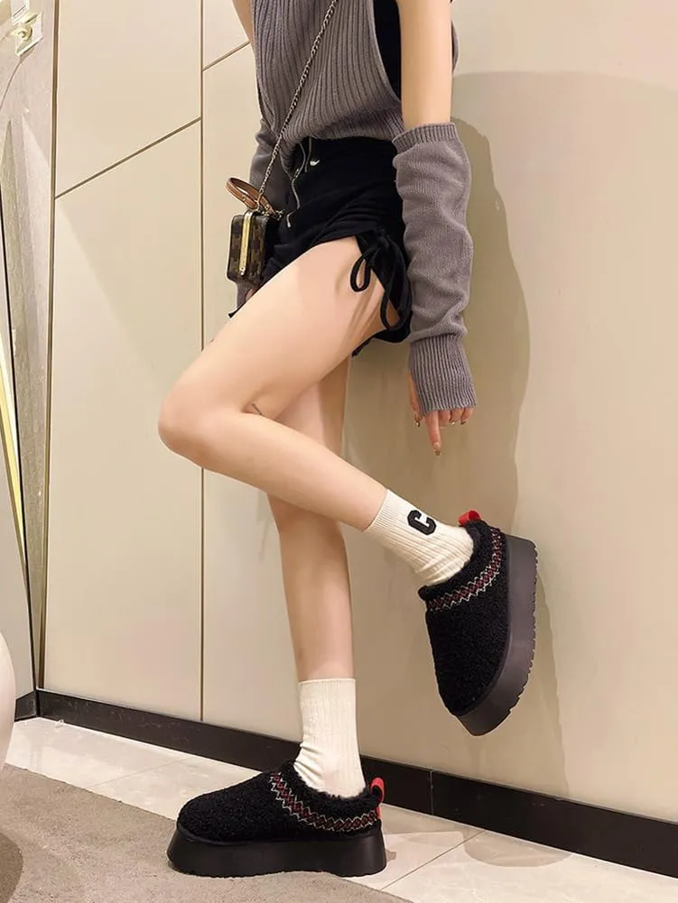 Women's Platform Mini Boots Slippers for Women Warm Fuzzy Slippers Fur Fleece Lined Slip on Suede Short Ankle Boots Outdoor Indoor Braid Slippers Anti Slip Trend