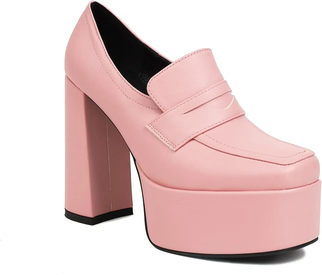 Women's Platform Square Closed Toe Pumps Pull-On Loafers Comfortable Chunky High Heels Office Concise Cosplay Work Casual Student Dating Daily Wear Fashion Business Dress Shoes