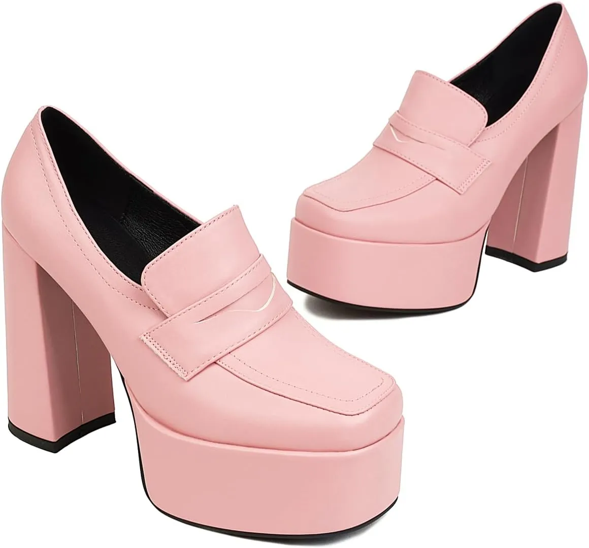Women's Platform Square Closed Toe Pumps Pull-On Loafers Comfortable Chunky High Heels Office Concise Cosplay Work Casual Student Dating Daily Wear Fashion Business Dress Shoes
