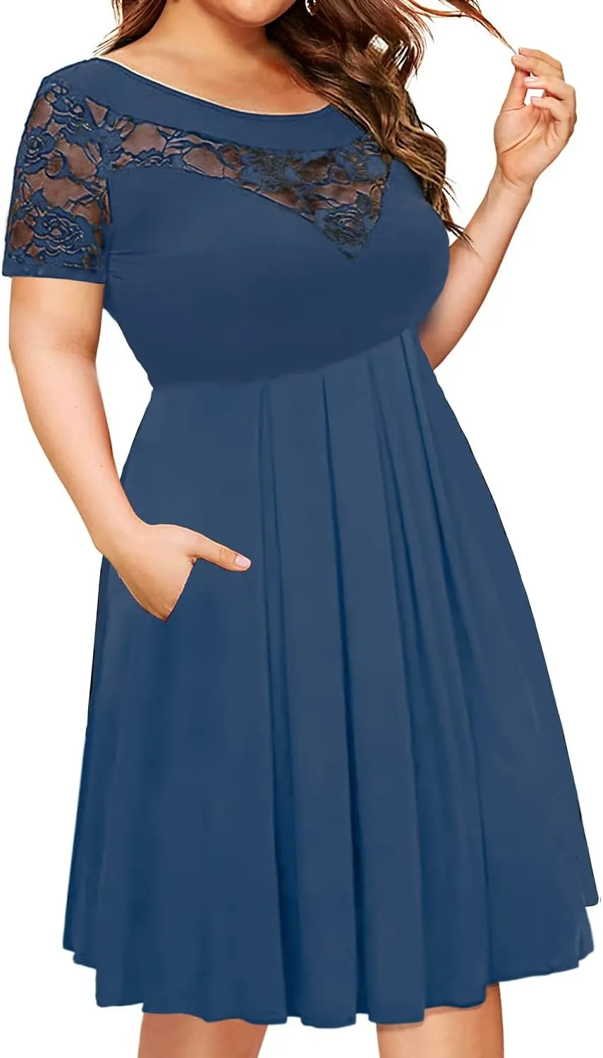 Women's Plus Size Short Sleeve Lace Midi Dress Pleated Casual Summer Flowy Dress with Pockets