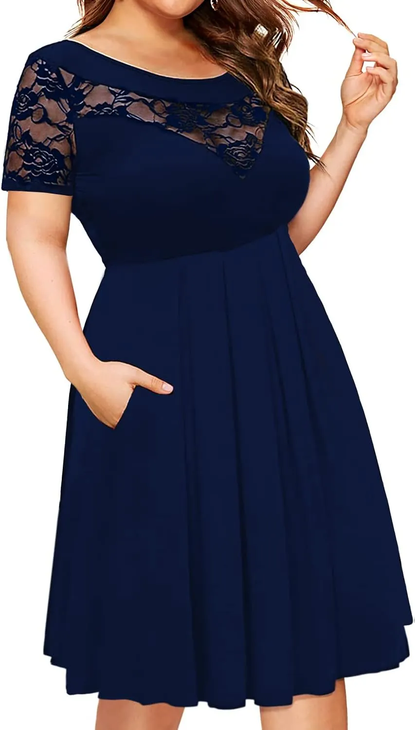 Women's Plus Size Short Sleeve Lace Midi Dress Pleated Casual Summer Flowy Dress with Pockets