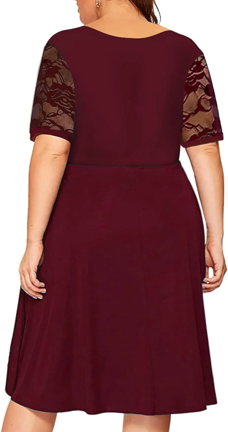Women's Plus Size Short Sleeve Lace Midi Dress Pleated Casual Summer Flowy Dress with Pockets