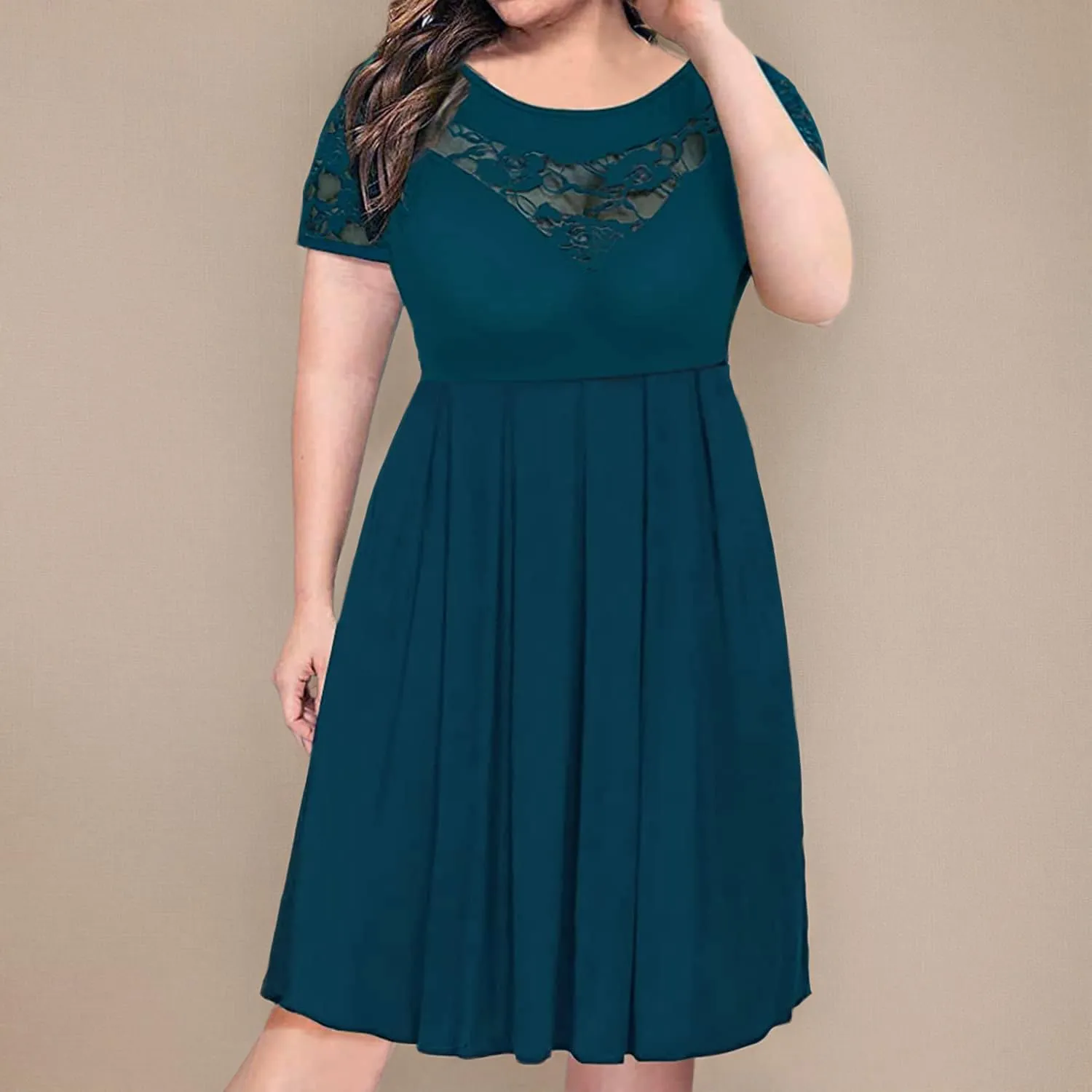Women's Plus Size Short Sleeve Lace Midi Dress Pleated Casual Summer Flowy Dress with Pockets